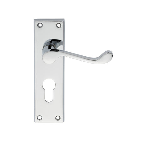 VICTORIAN SCROLL LEVER ON BACKPLATE - LOCK EURO PROFILE 47.5MM C/C (CONTRACT RANGE) - POLISHED CHROME - 155MM X 40MM - PAIR