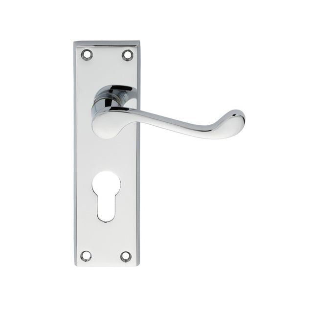 VICTORIAN SCROLL LEVER ON BACKPLATE - LOCK EURO PROFILE 47.5MM C/C (CONTRACT RANGE) - POLISHED CHROME - 155MM X 40MM - PAIR