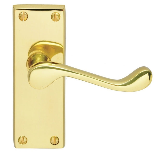 VICTORIAN SCROLL LEVER ON BACKPLATE - LATCH  (CONTRACT RANGE) - POLISHED BRASS - 120MM X 40MM - PAIR