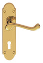 VICTORIAN SCROLL LEVER ON SHAPED BACKPLATE - LOCK 57MM C/C (CONTRACT RANGE) - POLISHED BRASS - 203MM X 48MM - PAIR