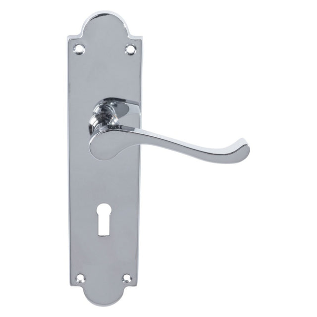 VICTORIAN SCROLL LEVER ON SHAPED BACKPLATE - LOCK 57MM C/C (CONTRACT RANGE) - POLISHED CHROME - 203MM X 48MM - PAIR