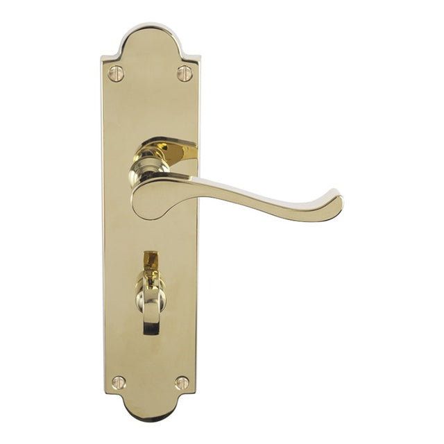 VICTORIAN SCROLL LEVER ON SHAPED BACKPLATE - BATHROOM 57MM C/C (CONTRACT RANGE) - POLISHED BRASS - 203MM X 48MM - PAIR