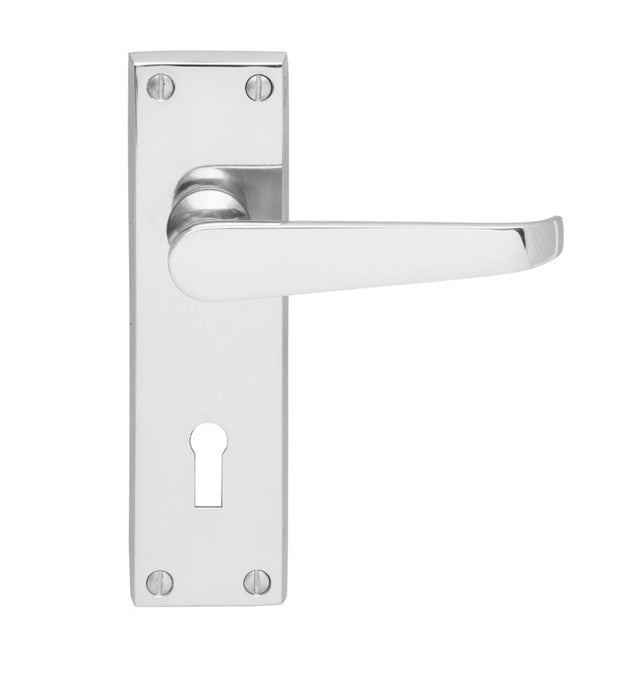 VICTORIAN FLAT LEVER ON BACKPLATE - LOCK 57MM C/C (CONTRACT RANGE) - POLISHED CHROME - 155MM X 40MM - PAIR