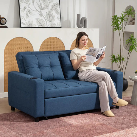 HOMCOM 2-Seater Sofa Bed with Cup Holders and Side Pockets for Overnight Guest, Dark Blue