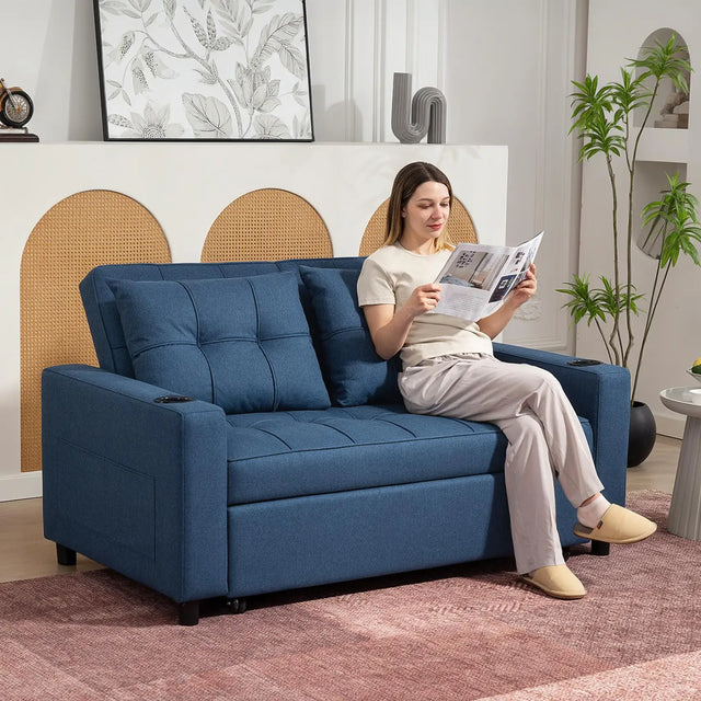 HOMCOM 2-Seater Sofa Bed with Cup Holders and Side Pockets for Overnight Guest, Dark Blue