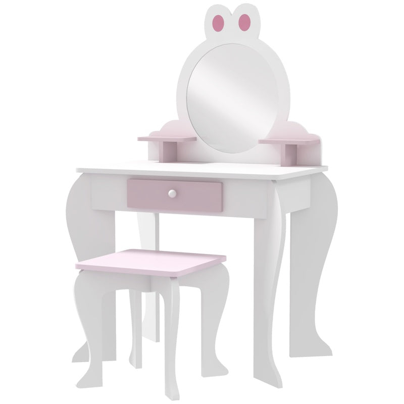 ZONEKIZ Bunny-Design Kids Dressing Table, with Mirror and Stool - White and Pink