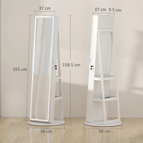 HOMCOM 360 Swivel Mirror Jewellery Cabinet with 3 Colour LED Lights, Lockable Jewellery Organiser, Free Standing Full Length Mirror with Storage for Earrings, Necklaces, Rings and Lipsticks, White
