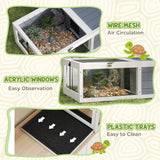 PawHut Tortoise Table with Adjustable Lamp Holder, Wooden Tortoise House w/ Openable Lids, Pull-Out Trays - Grey