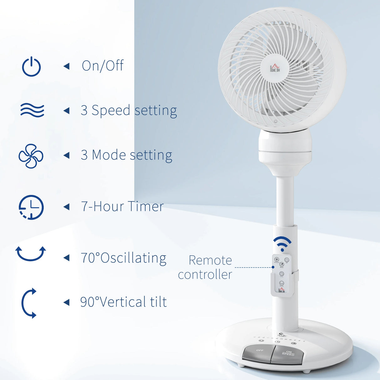 HOMCOM 9'' Air Circulator Fan 3 Speed 3 Mode, 70 Oscillation 90 Vertical Tilt, Remote Controller, for Living Room, Bedroom, Office, White