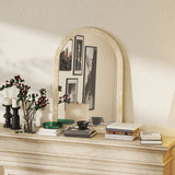 HOMCOM Arched Wall Mirror with Grooved Edge & Hooks, Wall-Mounted Mirror, Modern Tempered Glass & Polystyrene Beige