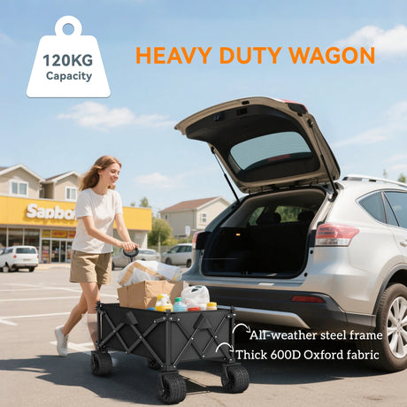 Outsunny Folding Garden Trolley, Outdoor Wagon Cart with Carry Bag, for Beach, Camping, Festival, 120KG Capacity, Black