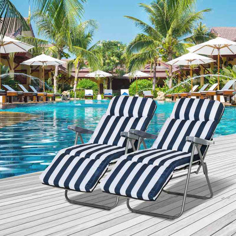 Outsunny 2Pc Folding Sun Loungers Set-Blue/White