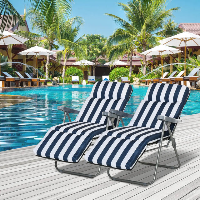 Outsunny 2Pc Folding Sun Loungers Set-Blue/White