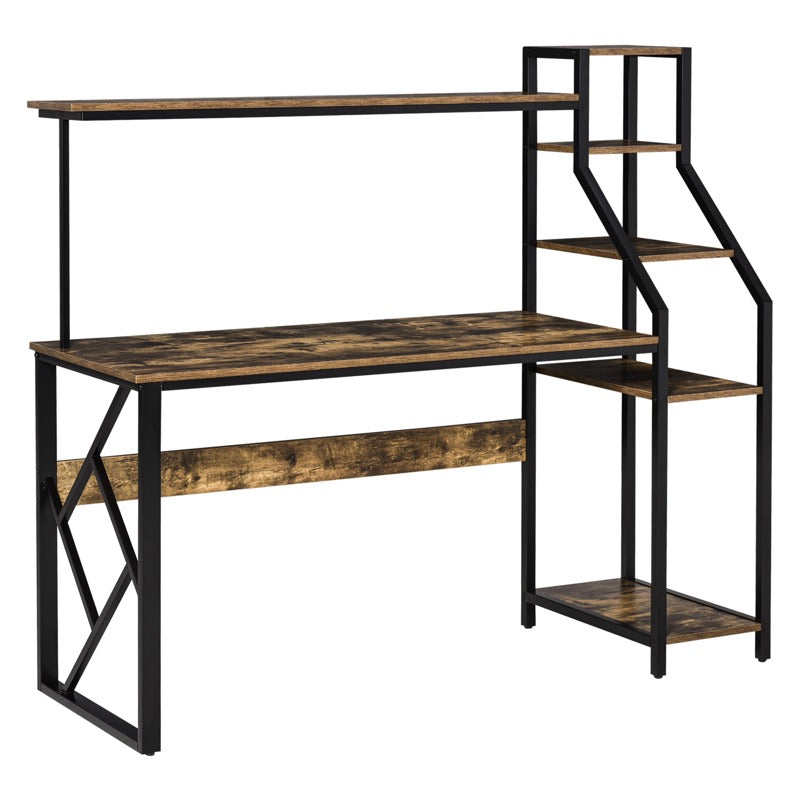 HOMCOM Computer Desk with Bookshelf, Industrial Writing Table with 6 Tier Storage Shelves for Home Office, Bedroom, Study, 150 x 55 x 138cm, Rustic Brown