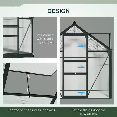 Outsunny 6 x 10ft Polycarbonate Greenhouse, Large Walk-In Green House with Slide Door and Window, Garden Plants Grow House with Aluminium Frame and Foundation, Grey