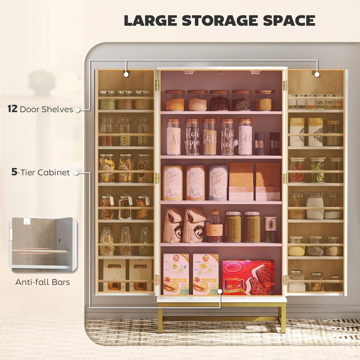 HOMCOM 119.5 cm Kitchen Cupboard, Freestanding Kitchen Cabinet with Double Doors, 5 Tiers, 12 Spice Racks, White