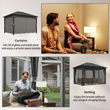 Outsunny 3 x 4m Hardtop Gazebo with Galvanised Steel Roof and Water Gutter, Waterproof Permanent Pavilion Garden Gazebo with Netting and Curtains for Patio, Deck