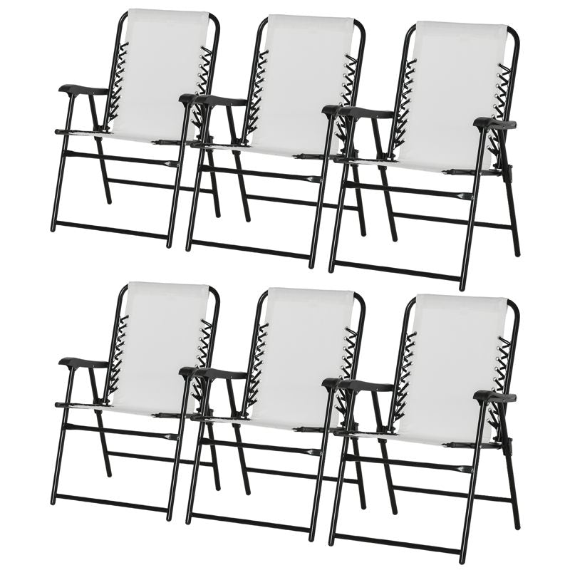 Outsunny Set of 6 Patio Folding Chair Set, Garden Portable Outdoor Chairs with Armrest and Breathable Mesh Fabric Seat and Backrest, for Camping, Beach, Deck, Lawn, Cream White