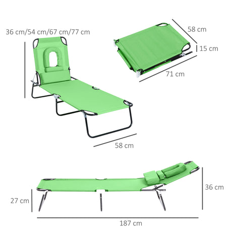 Outsunny Folding Sun Lounger with Face Hole, 4-Position Adjustable Backrest Garden Recliner Chair Sunbed, Outdoor Lounge Chair with 600 D Oxford Cloth Seat, Pillow for Beach, Green