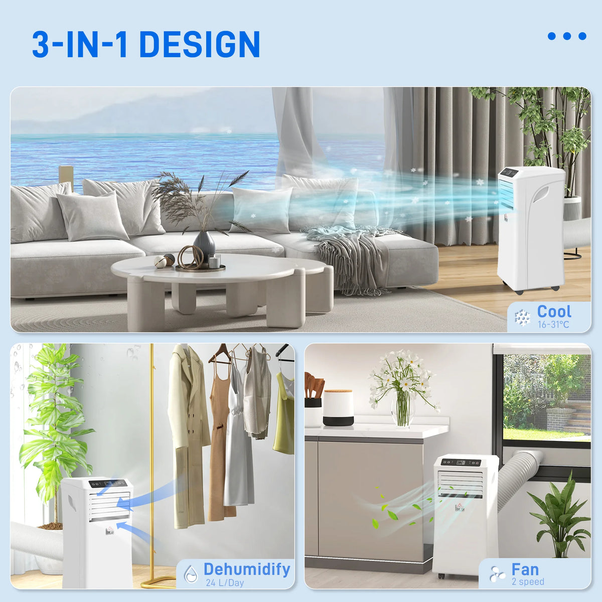 HOMCOM 9000 BTU Air Conditioning Unit, 3-in-1 Portable Air Conditioner, Dehumidifier, Cooling Fan with Remote Control, Digital Display, 2 Speeds, 24H Timer, Window Venting Kit, 28m2