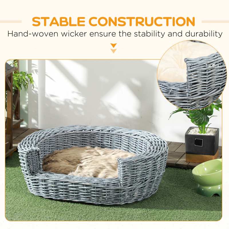 PawHut Wicker Pet Bed Willow Dog Cat Sofa Couch Puppy Basket with Cushion Grey 57L x 46W x 17.5H cm