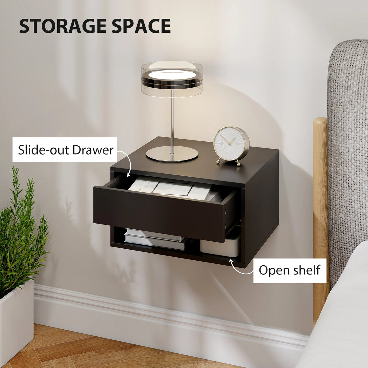 HOMCOM Floating Bedside Tables Set of 2, Wall Mounted Nightstand, Black
