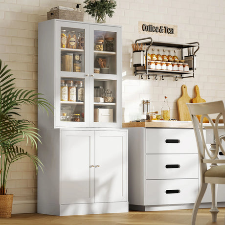 HOMCOM Modern Bookcase with Glass Doors, Display Storage Cabinet with Adjustable Shelves for Living Room, Study, Home Office, Kitchen Cupboard with Small Open Counter, White