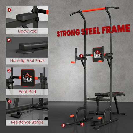 HOMCOM Multifunction Power Tower Home Workout Dip Station w/ Sit-up Bench Push-up Bars and Tension Ropes Fitness Equipment Office Gym Training