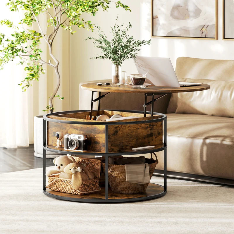 HOMCOM Lift Top Coffee Table, Round Coffee Table with Storage Shelf, Hidden Compartment and Steel Frame for Living Room, Home Office, Brown