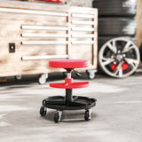 HOMCOM Rolling Mechanic Stool, 135kg Capacity Workshop Stool, 360 Swivel Roller Padded Creeper Seat with Wheels, Tool Trays Storage for Garage, Shop, Auto Repair, Red