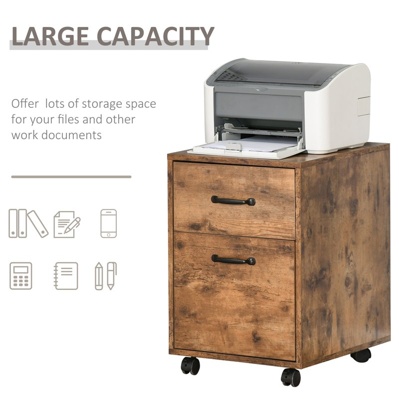 HOMCOM Rolling File Cabinet with 2 Drawers, Mobile Filing Cabinet with Hanging File Folder for Letter Sized Documents, Rustic Brown