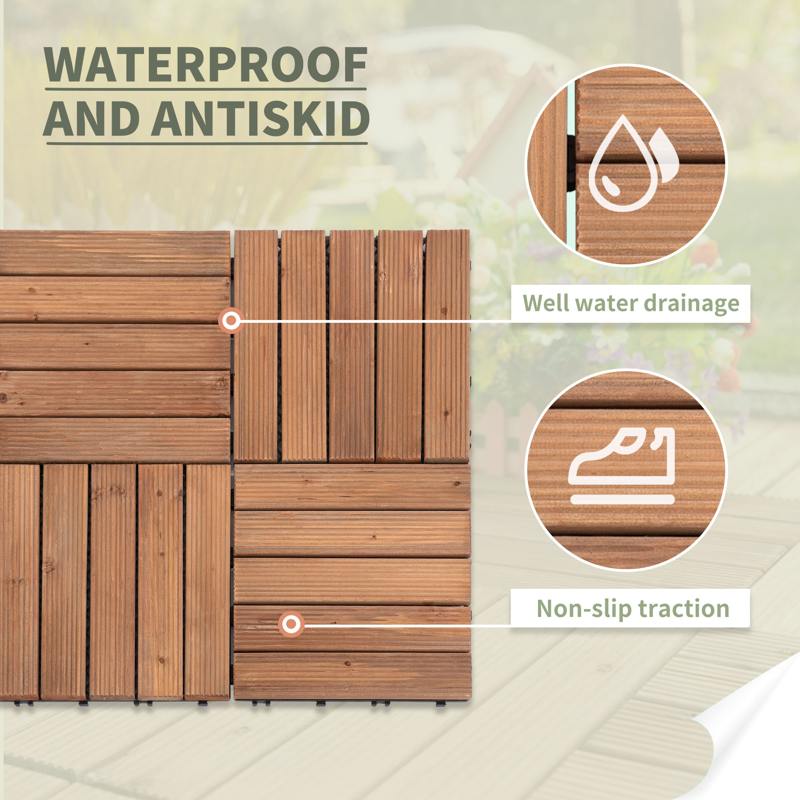 Outsunny 27 Pcs Solid Wood Interlocking Decking Tiles For Patio, Balcony, Roof Terrace, Hot Tub, Brown, (30 x 30 cm Per Piece)