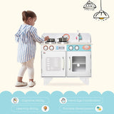 HOMCOM Kids Wooden Play Kitchen Toy Cooking Set Pretend Role Playset, with, Cooking Bench, Stainless Steel Pot for 3-6 Years