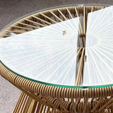 Outsunny Round End Table, Rattan Side Table, Hollow Drum Design Coffee Table w/ Glass Tabletop for Patio, Garden, Balcony Natural