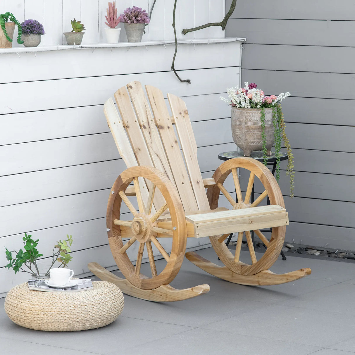 Outsunny 2 Piece Wooden Adirondack Rocking Chair Reclining Armchair Outdoor Garden Furniture Patio Porch Rocker - Natural