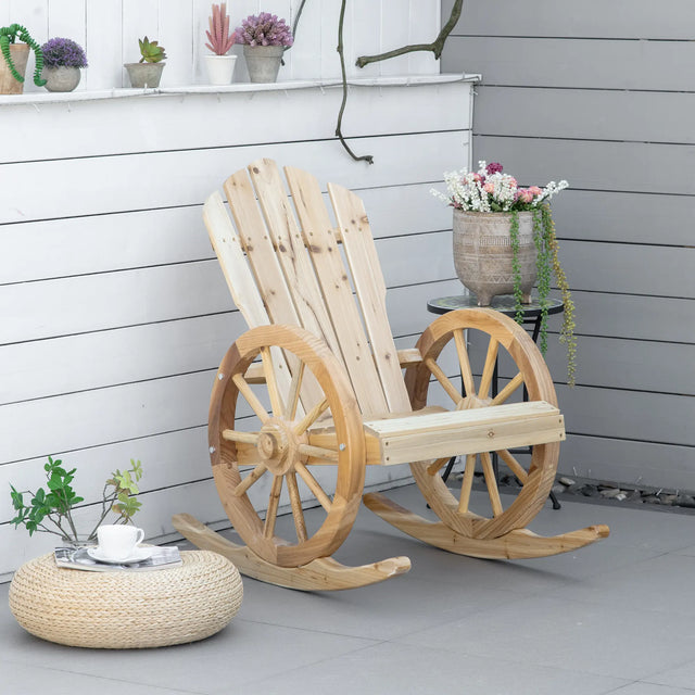 Outsunny 2 Piece Wooden Adirondack Rocking Chair Reclining Armchair Outdoor Garden Furniture Patio Porch Rocker - Natural