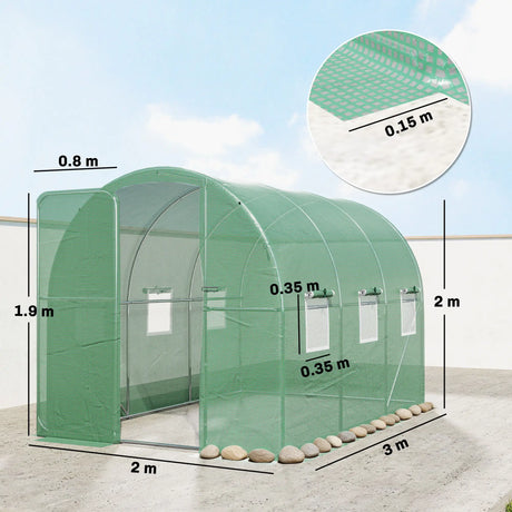 Outsunny 2 x 3 m Walk-in Polytunnel Greenhouse with Hinged Door and 6 Roll Up Mesh Windows, Garden Tunnel Warm House Tent, Green