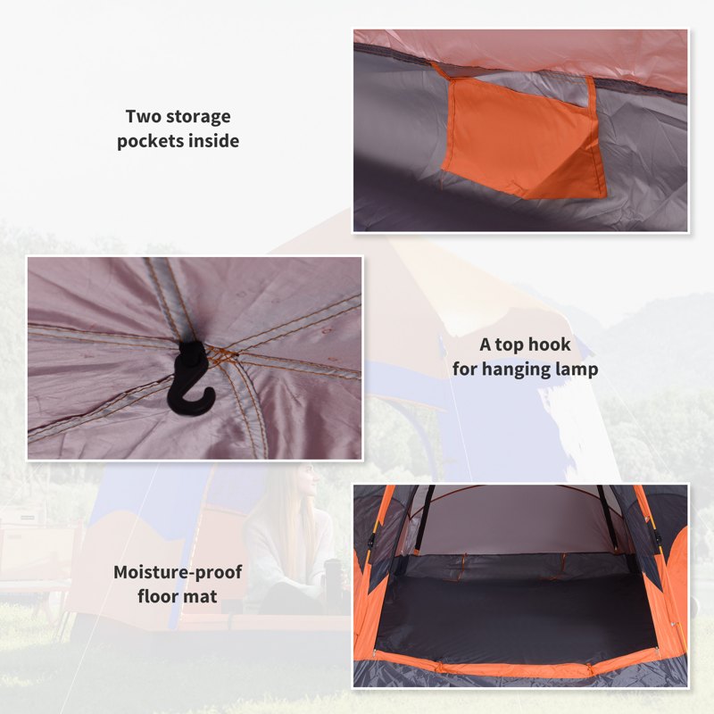 Outsunny Double Layer Dome Tent with Rainfly and Welded Floor, 4 Man Hexagon Pop Up Tent, Portable Camping Shelter with Hang Hook and Carry Bag, for Festival Hiking Family, Orange and Blue