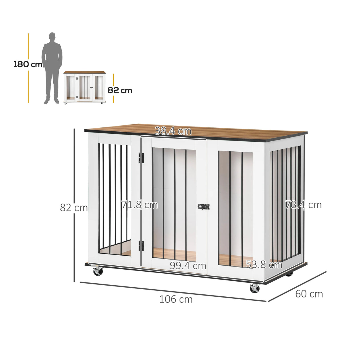 PawHut Dog Crate Furniture, Dog Cage End Table, with Wheels, for Large Dogs, 106 x 60 x 82 cm  - White