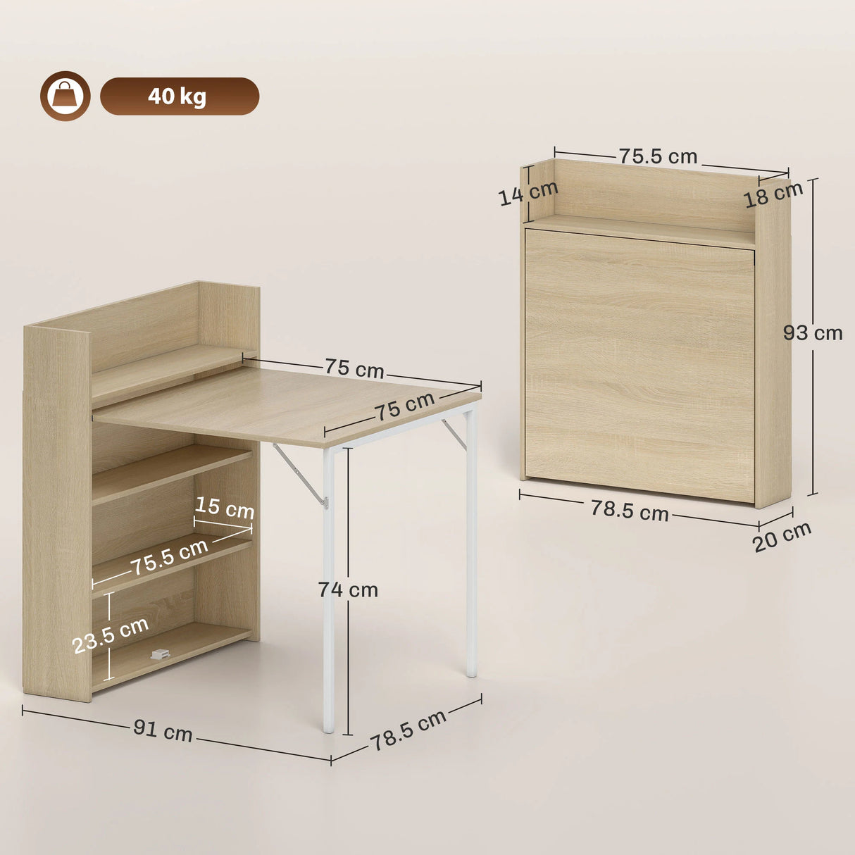 HOMCOM Kitchen Table, Folding Dining Table, with 4-Tier Shelves, Modern Drop-Leaf Table, Oak Wood Effect