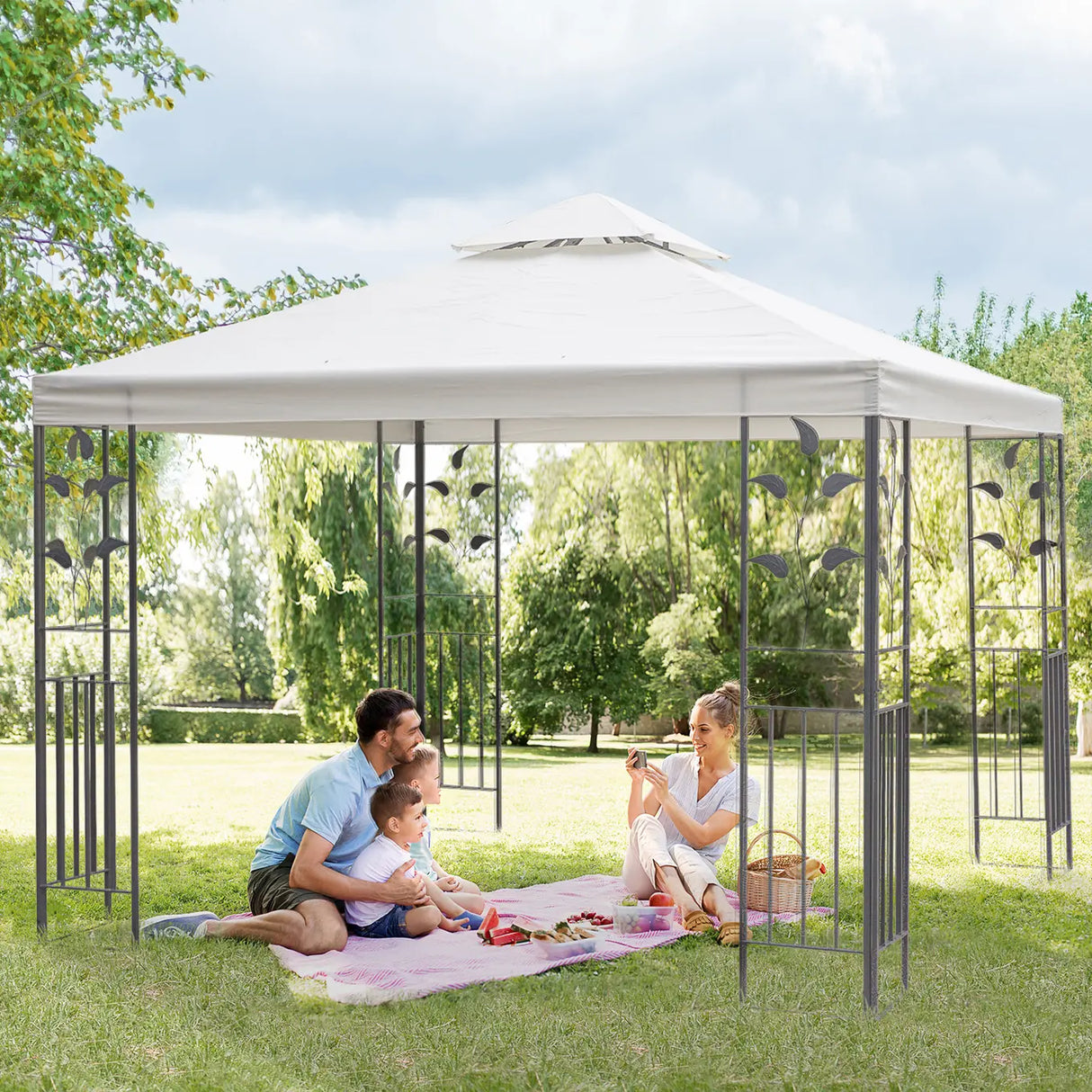 Outsunny 3 x 3m Outdoor Steel Gazebo with 2 Tier Roof, Garden Gazebo Patio Canopy Marquee Shelter with Decorative Steel Frame - Cream