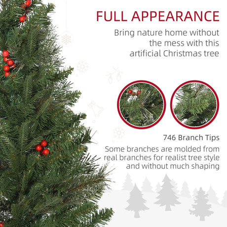HOMCOM 7ft Pencil Artificial Christmas Tree with Realistic Branches, Red Berries, Auto Open, Green