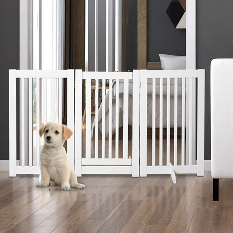 PawHutPet Gates MDF Freestanding Expandable Dog Gate Wood Doorway Pet Barrier Fence w/ Latched Door White