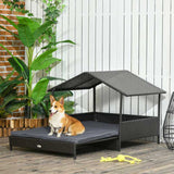 PawHut Extendable Elevated Dog Bed, Rattan Dog House w/ Water-Resistant Roof, Removable Cushion - Grey