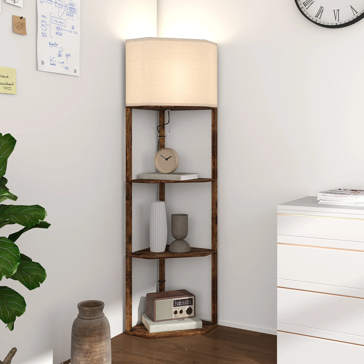 HOMCOM Corner Floor Light, with Shelves - Wood-Effect