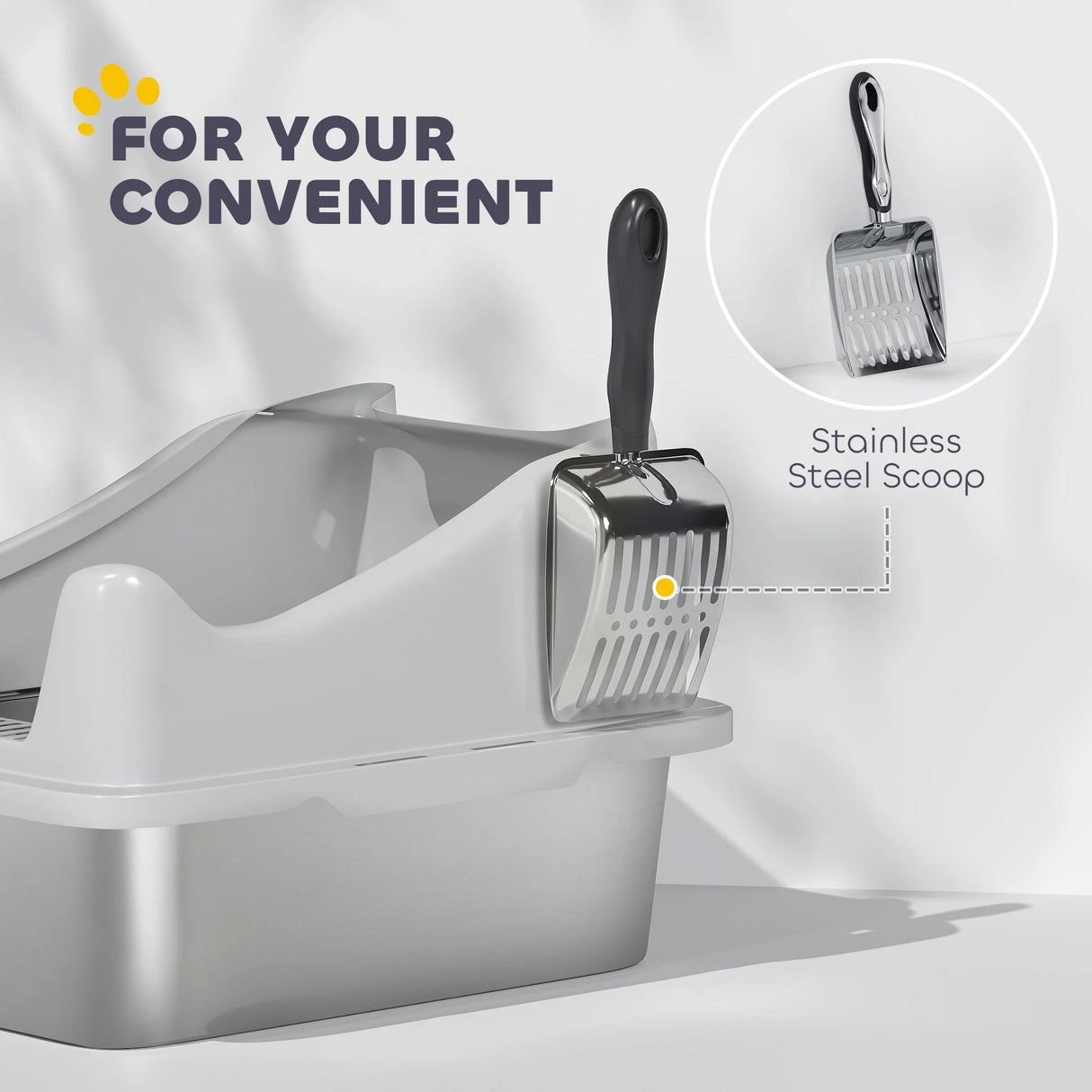 PawHut Stainless Steel Cat Litter Box with High Sides, Metal Scoop, 43 x 33 x 25 cm