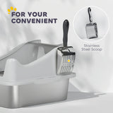 PawHut Stainless Steel Cat Litter Box with High Sides, Metal Scoop, 43 x 33 x 25 cm