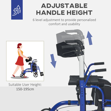 HOMCOM 2 in 1 Wheelchair Transport Chair & Folding Rollator Walker with Seat, Backrest, Footrest, Lightweight Walking Frame with Bag, Adjustable Height, 4 Wheeled Walker for Seniors, Pearl Blue