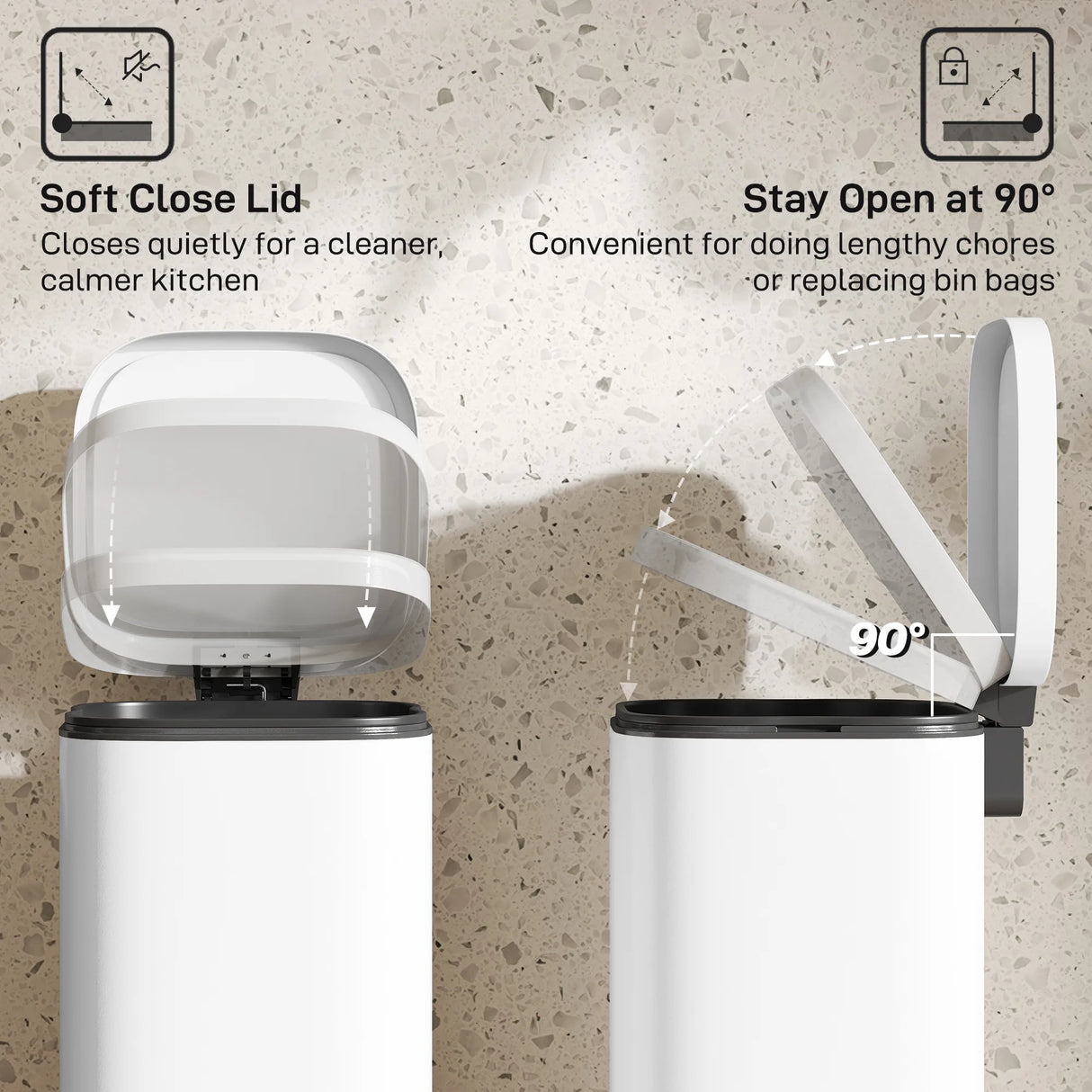 HOMCOM 30L Kitchen Bin, Compact Pedal Bin with Soft-Close and Stay-Open Lid, Removable Bucket for Kitchen, Home, Office, White