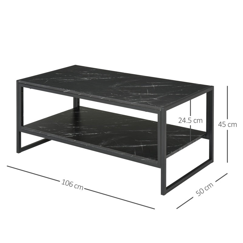 HOMCOM Coffee Table, Two-Tier Marble Centre Table with Metal Frame and Storage Shelf for Living Room, 106 x 50 x 45cm, Black